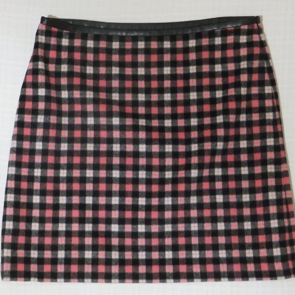 Talbots Skirt Womens 16 Pink Black Plaid Wool Blend Faux Leather Trim Lined Zip